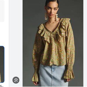 Anthropologie ruffled v-neck peasant blouse green floral small